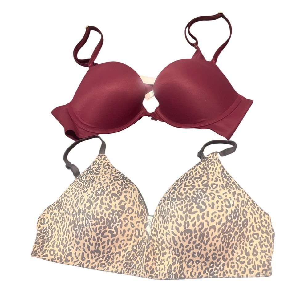 Victoria's Secret & PINK Bra Bundle 36B Burgundy Underwire & Leopard Wireless‎
